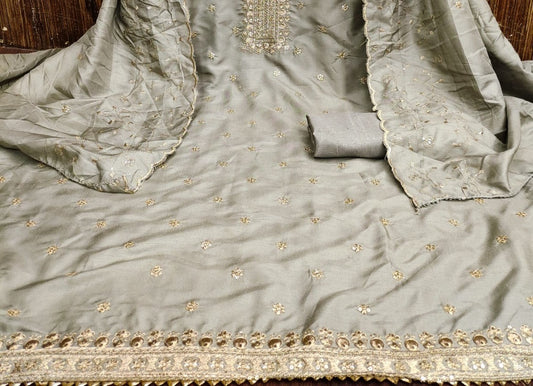 Grey Cotton Silk Dress Function And Wedding Wear Emboidery Semi Stitched Matrials For Women