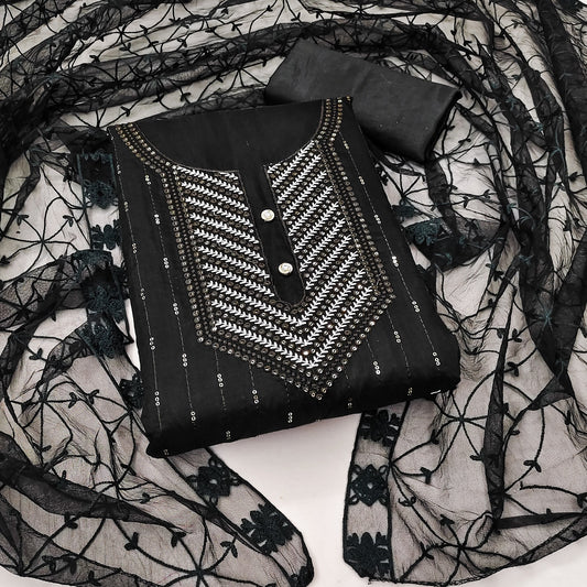 Black Chanderi Cotton Dress Function And Wedding Wear Emboidery Semi Stitched Matrials For Women