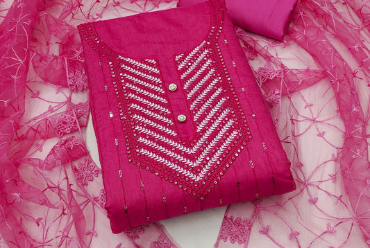 Pink Chanderi Cotton Dress Function And Wedding Wear Emboidery Semi Stitched Matrials For Women