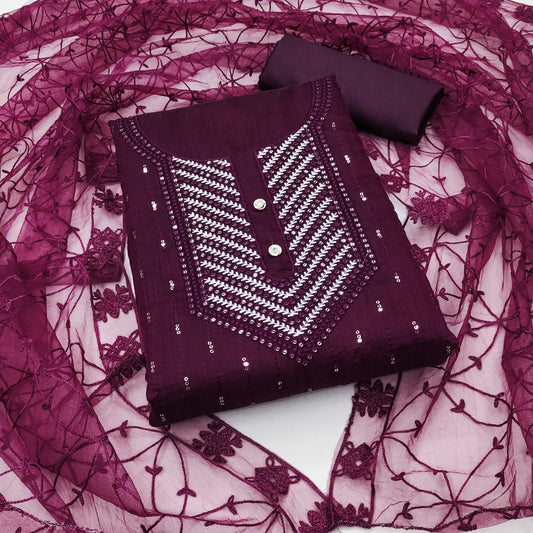 Wine Chanderi Cotton Dress Function And Wedding Wear Emboidery Semi Stitched Matrials For Women