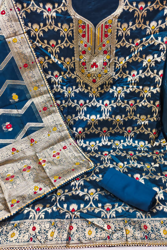 Blue Banarasi Silk Dress Function And Wedding Wear Semi Stitched Matrials For Women
