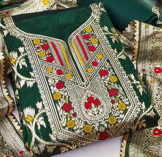 Green Banarasi Silk Dress Function And Wedding Wear Semi Stitched Matrials For Women