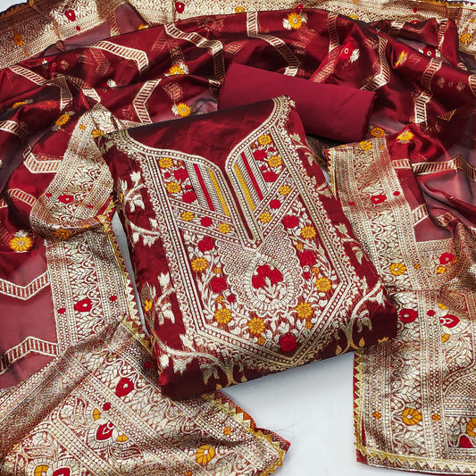 Red Banarasi Silk Dress Function And Wedding Wear Semi Stitched Matrials For Women