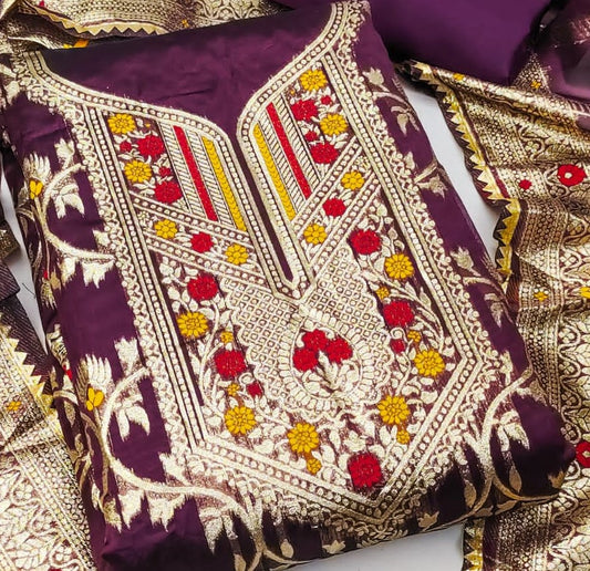 Wine Banarasi Silk Dress Function And Wedding Wear Semi Stitched Matrials For Women