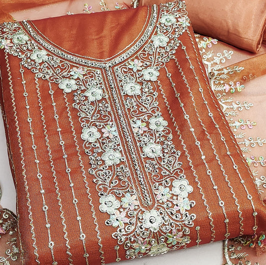 Orange Viscose Dress Function And Wedding Wear Embrodary Work Semi Stitched Matrials For Women