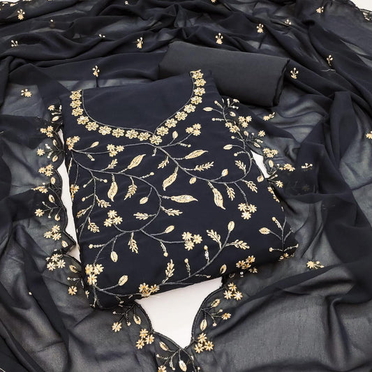 Black Faux Georgette Dress Function And Wedding Wear Embrodary Work Semi Stitched Matrials For Women