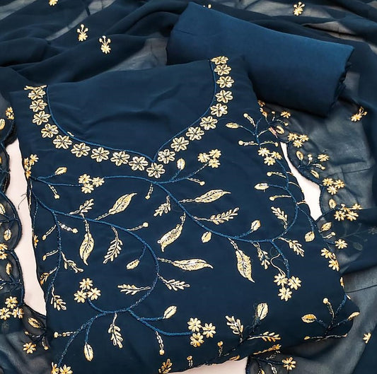 Navy Blue Faux Georgette Dress Function And Wedding Wear Embrodary Work Semi Stitched Matrials For Women