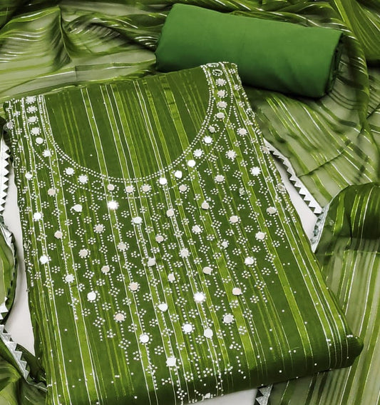 Green Faux Georgette Dress Function And Wedding Wear Diamond Work Semi Stitched Matrials For Women