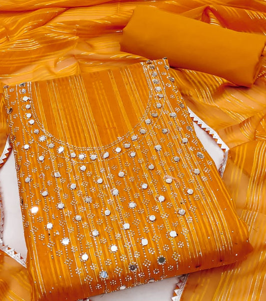 Orange Faux Georgette Dress Function And Wedding Wear Diamond Work Semi Stitched Matrials For Women