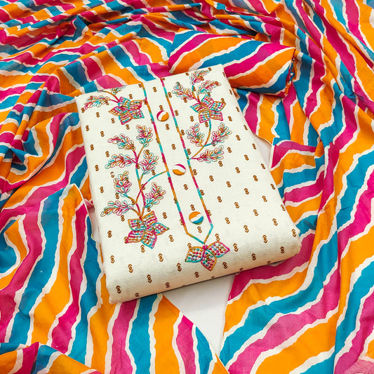 Off White Cotton Dress Function And Wedding Wear Embrodary Work Semi Stitched Matrials For Women