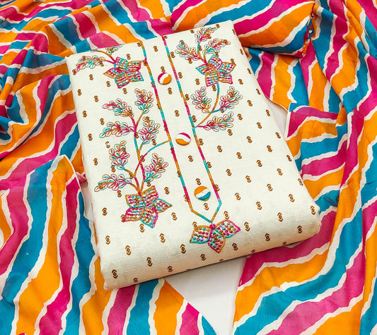 Off White Cotton Dress Function And Wedding Wear Embrodary Work Semi Stitched Matrials For Women