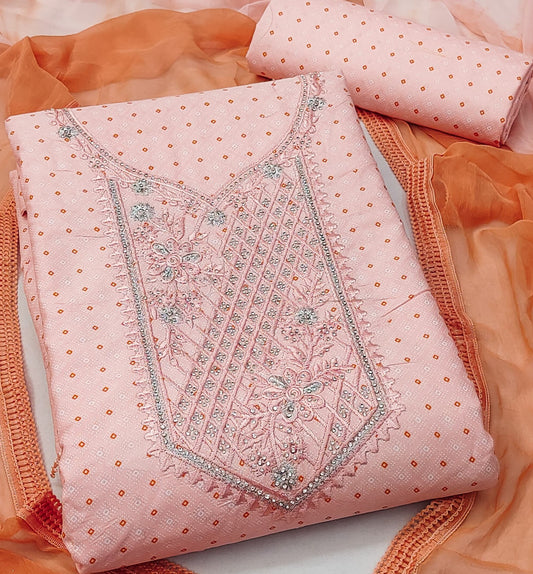 Light Orange Cotton Printed Dress Function And Wedding Wear Embrodary Work Semi Stitched Matrials For Women