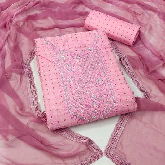 Pink Cotton Printed Dress Function And Wedding Wear Embrodary Work Semi Stitched Matrials For Women
