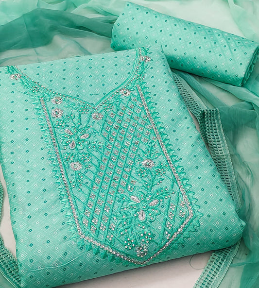 Teal Cotton Printed Dress Function And Wedding Wear Embrodary Work Semi Stitched Matrials For Women
