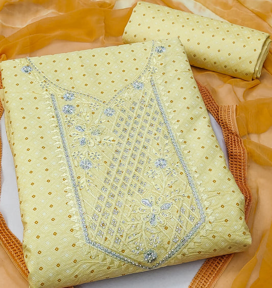 Yellow Cotton Printed Dress Function And Wedding Wear Embrodary Work Semi Stitched Matrials For Women