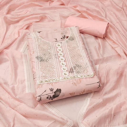 Peach Cotton Printed Dress Function And Wedding Wear Printed Work Semi Stitched Matrials For Women