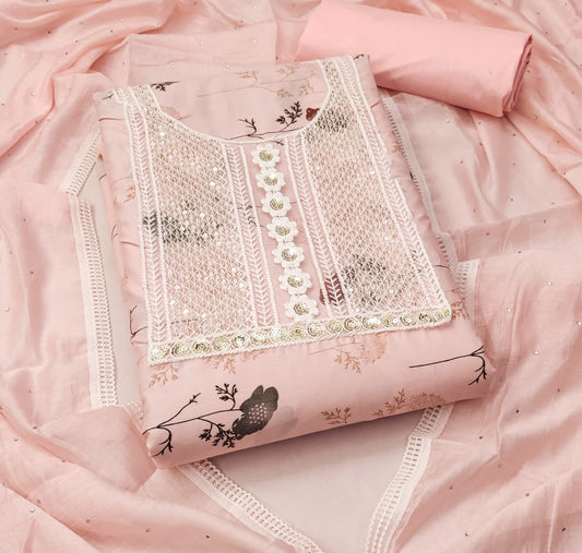 Peach Cotton Printed Dress Function And Wedding Wear Printed Work Semi Stitched Matrials For Women