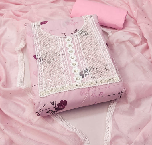 Pink Cotton Printed Dress Function And Wedding Wear Printed Work Semi Stitched Matrials For Women