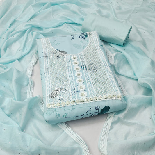 Sky Blue Cotton Printed Dress Function And Wedding Wear Printed Work Semi Stitched Matrials For Women