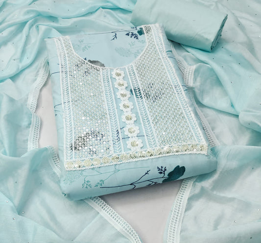 Sky Blue Cotton Printed Dress Function And Wedding Wear Printed Work Semi Stitched Matrials For Women