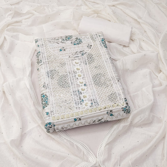 Teal Cotton Printed Dress Function And Wedding Wear Printed Work Semi Stitched Matrials For Women