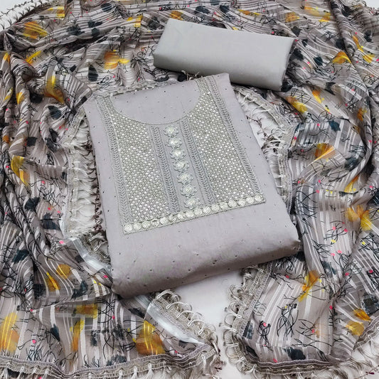 Grey Faux Georgette Dress Wedding Wear Diamond Work Semi Stitched Matrials For Women