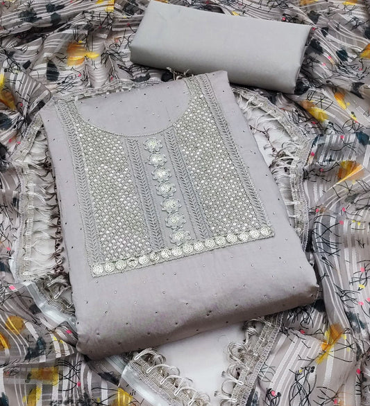 Grey Faux Georgette Dress Wedding Wear Diamond Work Semi Stitched Matrials For Women