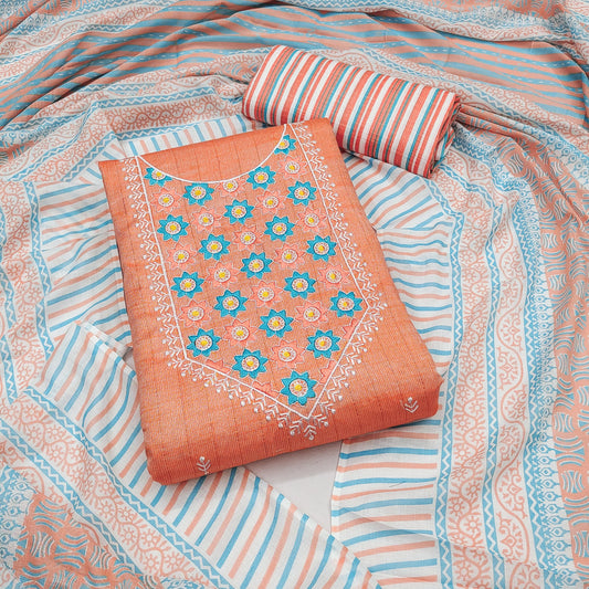 Orange Cotton Printed Dress Function Wear Printed Work Semi Stitched Matrials For Women