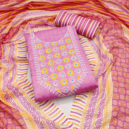 Pink Cotton Printed Dress Function Wear Printed Work Semi Stitched Matrials For Women