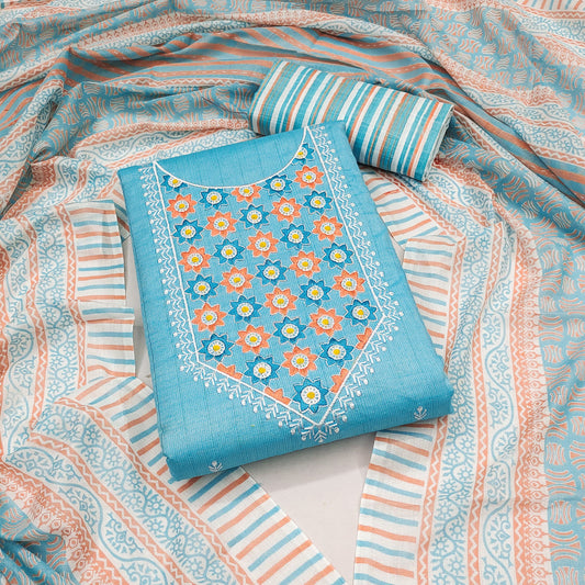 Sky Blue Cotton Printed Dress Function Wear Printed Work Semi Stitched Matrials For Women