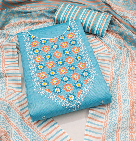 Sky Blue Cotton Printed Dress Function Wear Printed Work Semi Stitched Matrials For Women