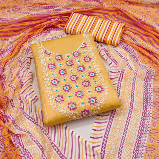 Yellow Cotton Printed Dress Function Wear Printed Work Semi Stitched Matrials For Women