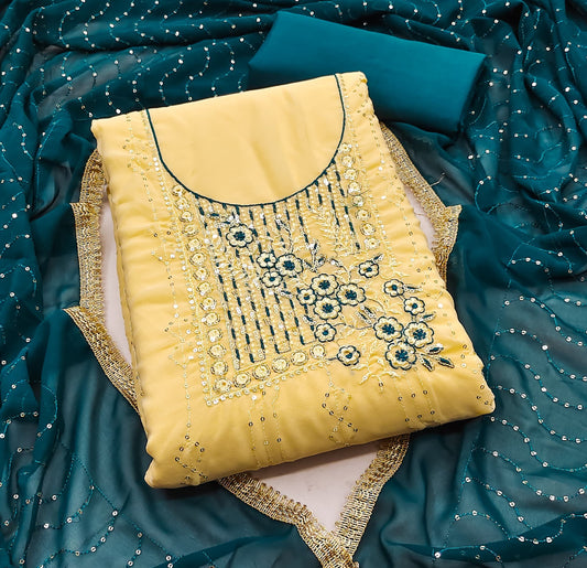 Light Yellow Faux Georgette Dress Wedding Wear Embrodary Work Semi Stitched Matrials For Women