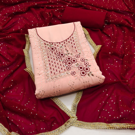 Peach Faux Georgette Dress Wedding Wear Embrodary Work Semi Stitched Matrials For Women