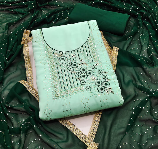 Sea Green Faux Georgette Dress Wedding Wear Embrodary Work Semi Stitched Matrials For Women