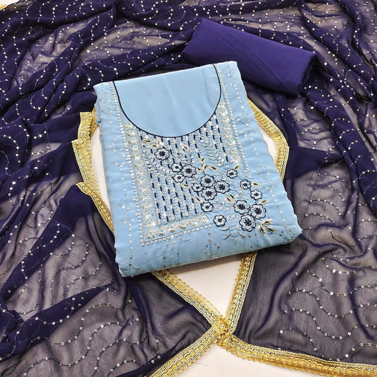 Sky Blue Faux Georgette Dress Wedding Wear Embrodary Work Semi Stitched Matrials For Women