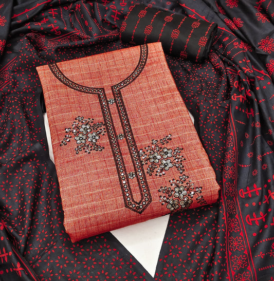 Dark Peach Cotton Printed Dress Function Wear Printed Work Semi Stitched Matrials For Women