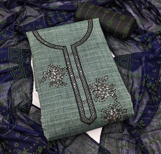 Green Cotton Printed Dress Function Wear Printed Work Semi Stitched Matrials For Women