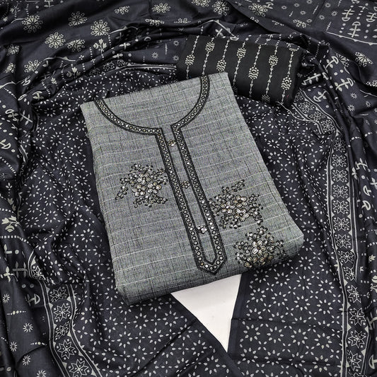 Grey Cotton Printed Dress Function Wear Printed Work Semi Stitched Matrials For Women