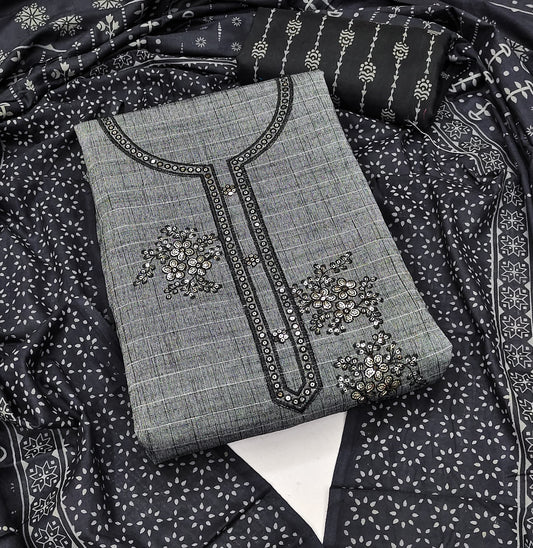 Grey Cotton Printed Dress Function Wear Printed Work Semi Stitched Matrials For Women