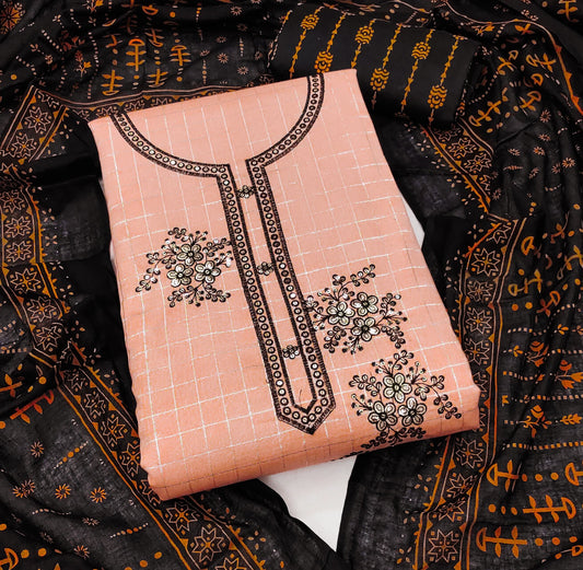 Peach Cotton Printed Dress Function Wear Printed Work Semi Stitched Matrials For Women