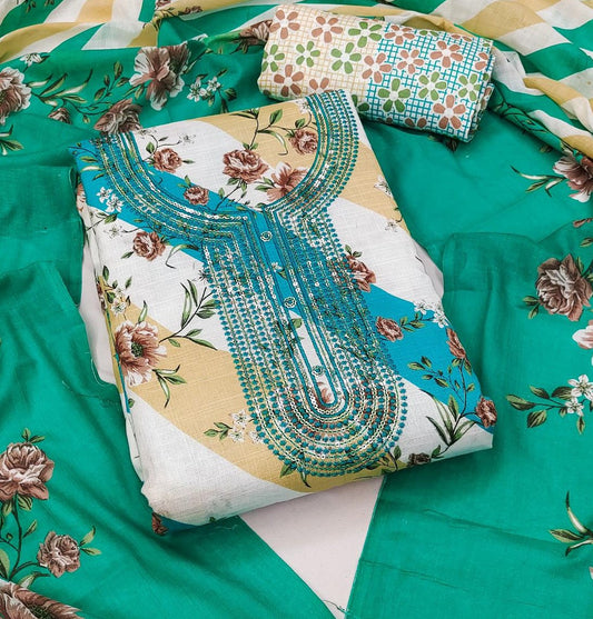 Teal Cotton Printed Dress Function Wear Printed Work Semi Stitched Matrials For Women