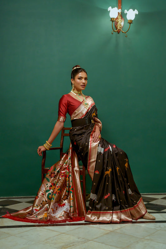 Vsaree Black Soft Paithani Silk Saree with Rich Pallu Contras Border And BLouse Piece For Women