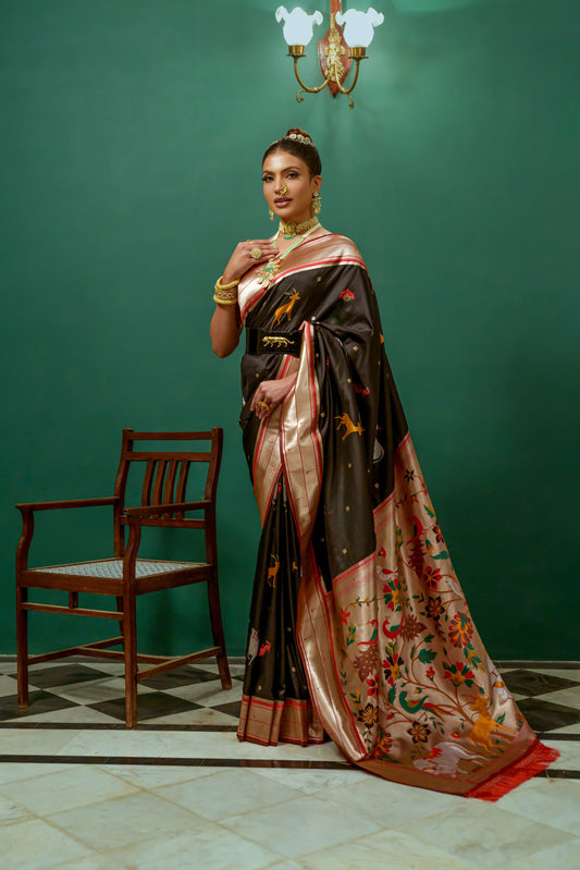 Vsaree Black Soft Paithani Silk Saree with Rich Pallu Contras Border And BLouse Piece For Women