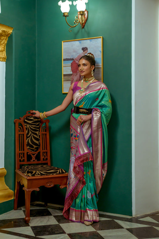 Vsaree Sea Green Soft Paithani Silk Saree with Rich Pallu Contras Border And BLouse Piece For Women