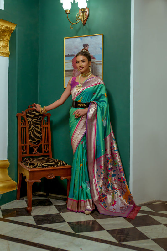 Vsaree Sea Green Soft Paithani Silk Saree with Rich Pallu Contras Border And BLouse Piece For Women