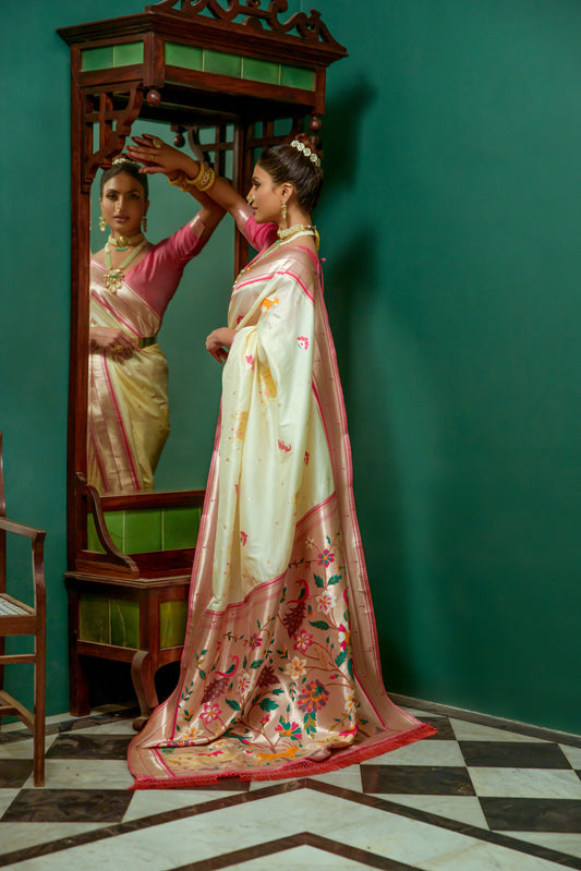 Vsaree Cream Soft Paithani Silk Saree with Rich Pallu Contras Border And Blouse Piece For Women