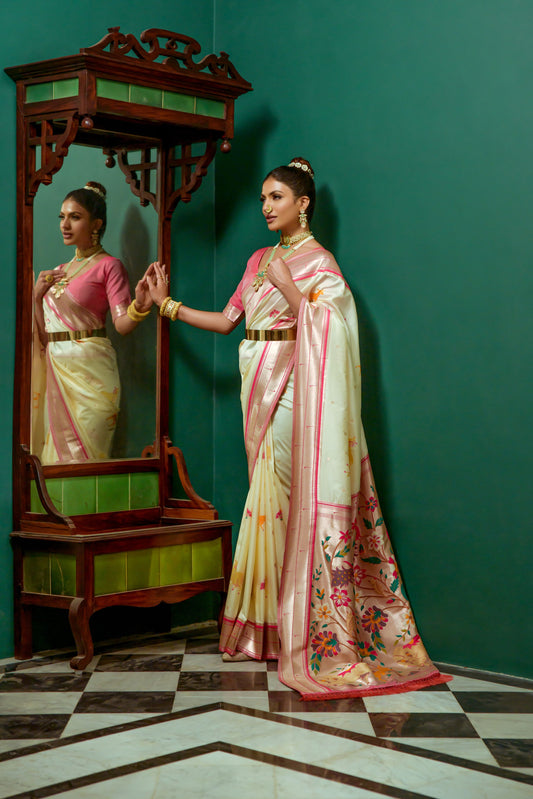 Vsaree Cream Soft Paithani Silk Saree with Rich Pallu Contras Border And Blouse Piece For Women