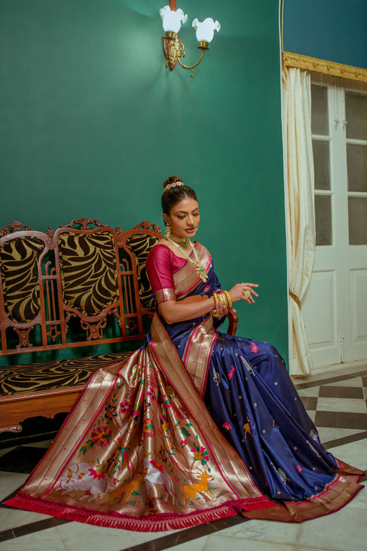 Vsaree Navy Blue Soft Paithani Silk Saree with Rich Pallu Contras Border And Blouse Piece For Women