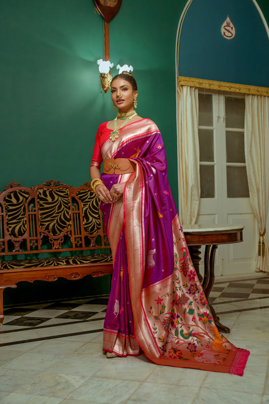 Vsaree Purple Soft Paithani Silk Saree with Rich Pallu Contras Border And Blouse Piece For Women